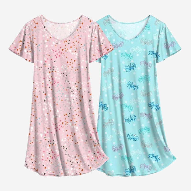 Starry print nightshirt dress set with scoop neck and short sleeves, pink and turquoise