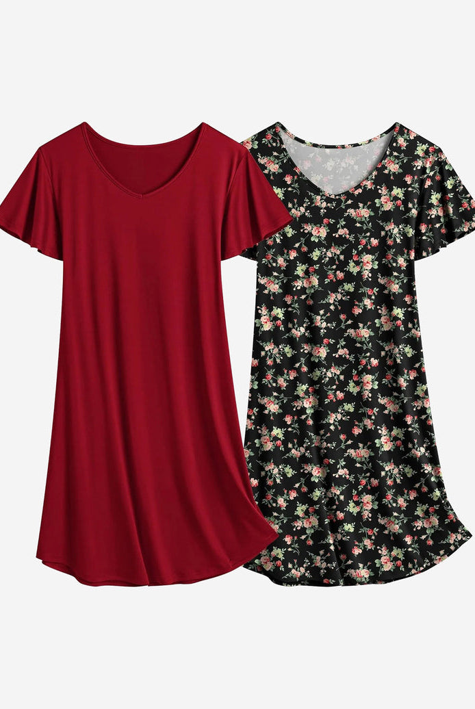 Solid wine red and floral black nightshirt dress set, V-neck, short sleeves, sleep dress
