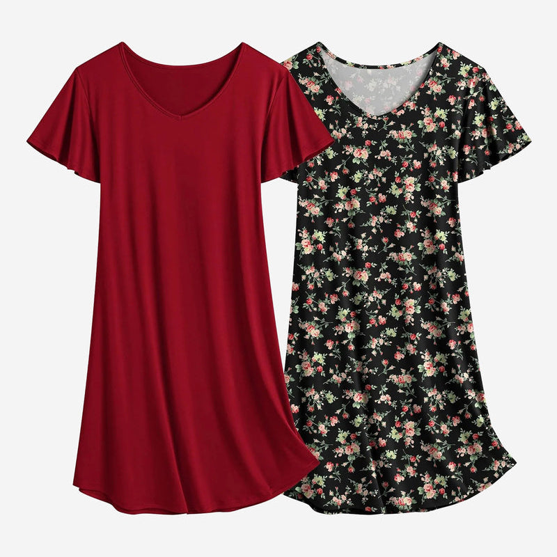 Solid wine red and floral black nightshirt dress set, V-neck, short sleeves, sleep dress