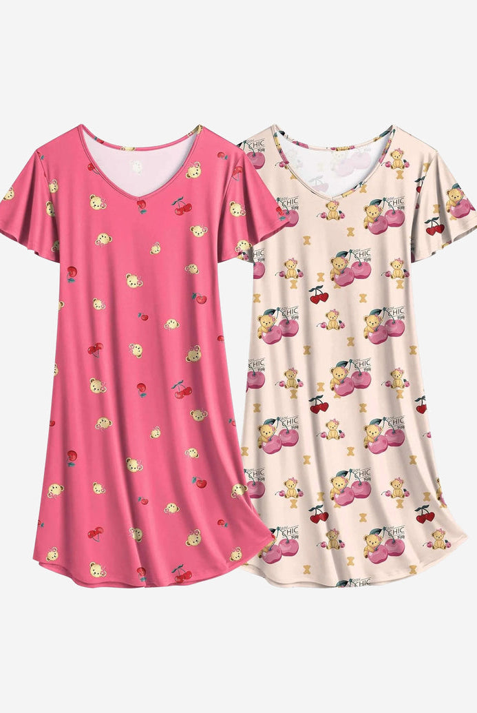 2-pack nightshirt dresses in pink and cream with cute character prints, short sleeves