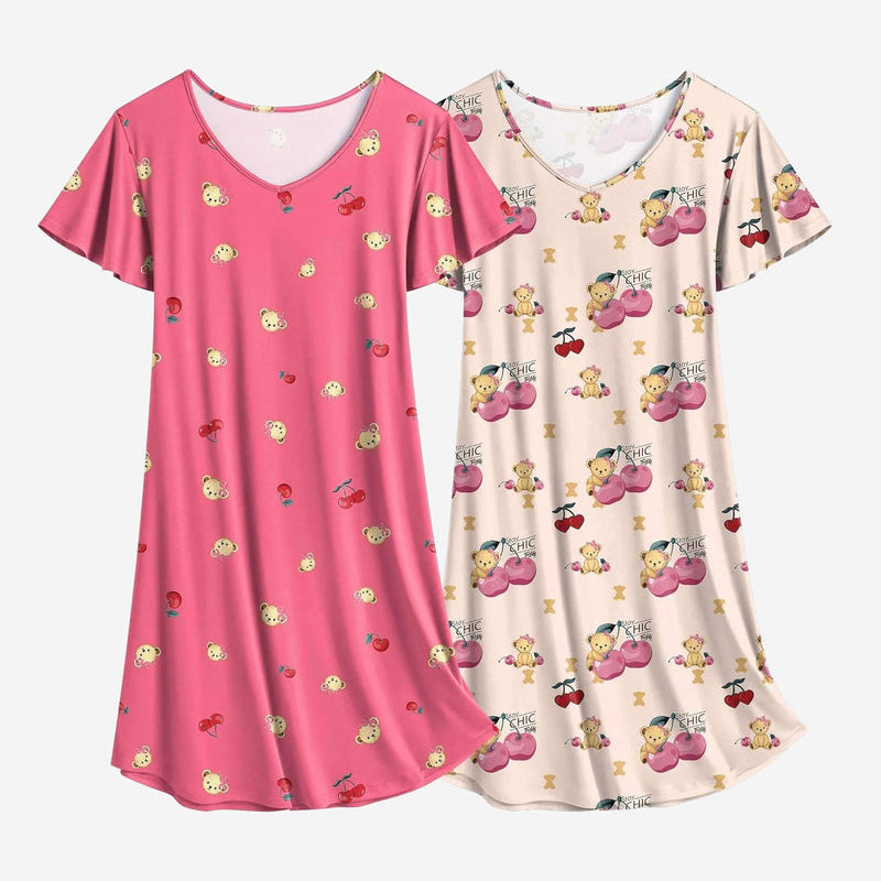 2-pack nightshirt dresses in pink and cream with cute character prints, short sleeves