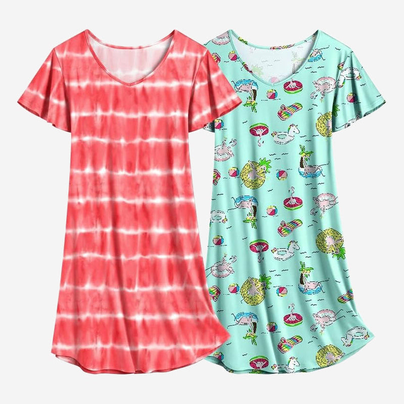 Tie-dye coral and cute animal print turquoise nightshirt dress set, V-neck, short sleeves