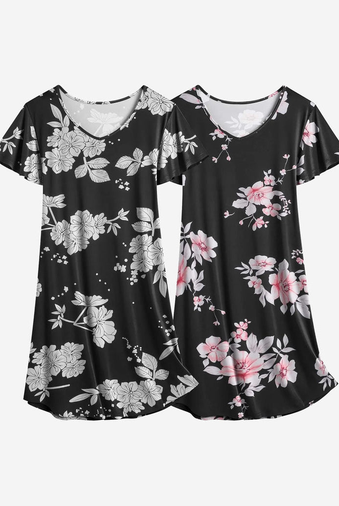 Black floral nightshirt dress set with gray and pink flowers, V-neck, short sleeves