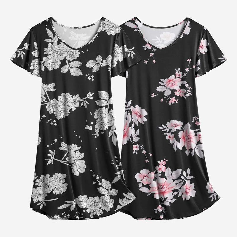 Black floral nightshirt dress set with gray and pink flowers, V-neck, short sleeves