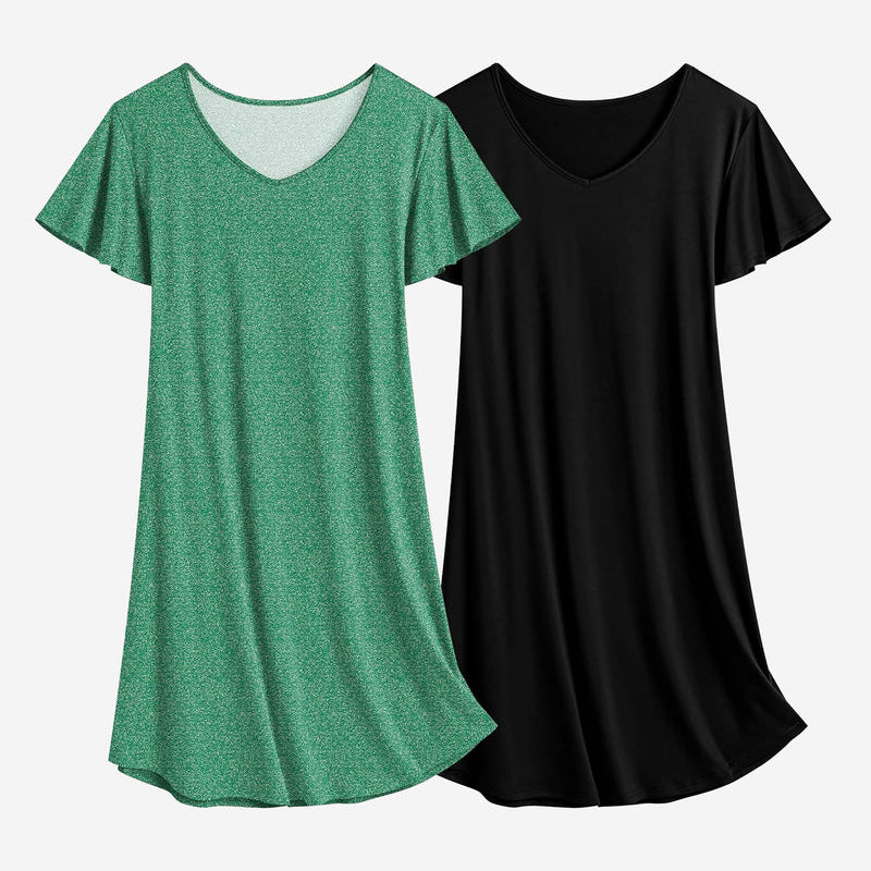 Solid green heather and black nightshirt dress set, V-neck, short sleeves, soft sleep dress