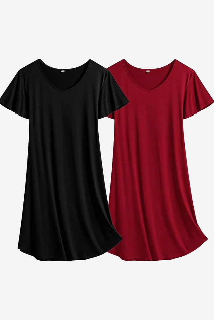 Black and burgundy solid nightshirt dress set, V-neck, short sleeves, curved hem