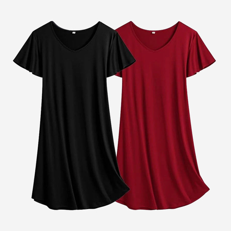 Black and burgundy solid nightshirt dress set, V-neck, short sleeves, curved hem