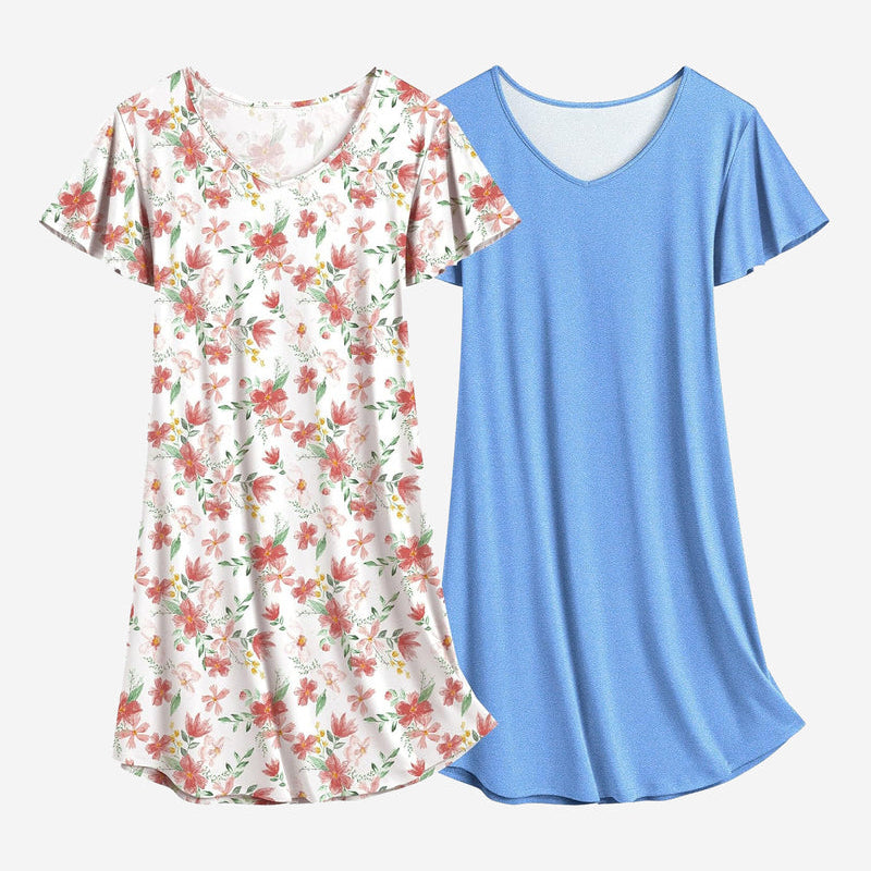 Floral print white and solid blue nightshirt dress set, scoop neck, short sleeves