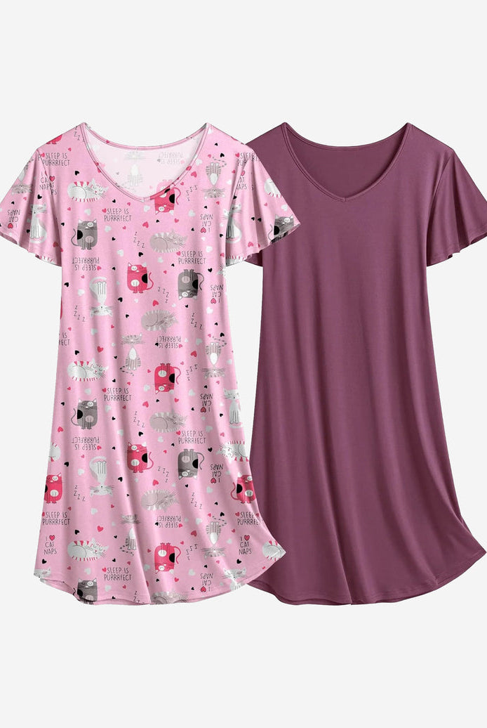 Pink character print and plum solid nightshirt dress set, V-neck, short sleeves, sleep tunic