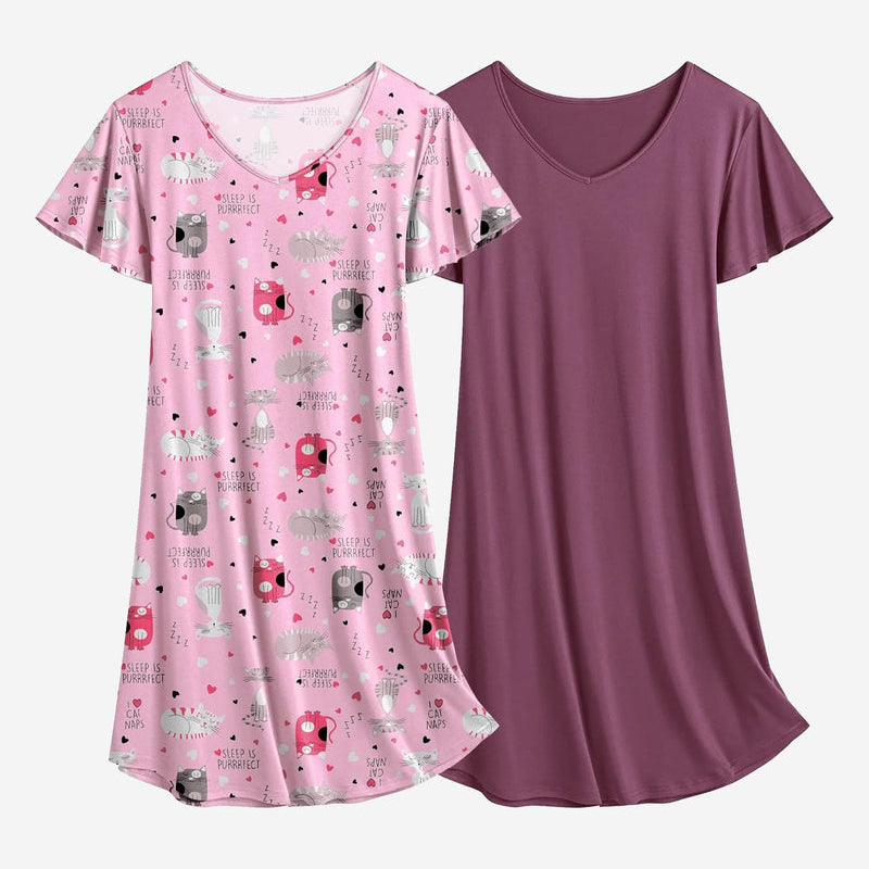 Pink character print and plum solid nightshirt dress set, V-neck, short sleeves, sleep tunic