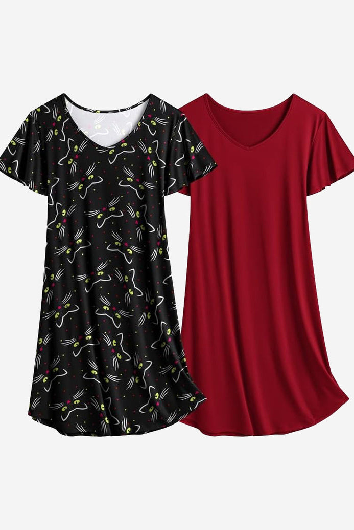 Cat print black and solid red nightshirt dress set, V-neck, short sleeves, sleep dress