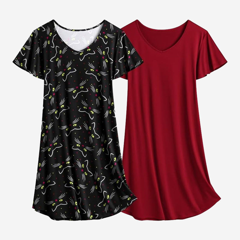 Cat print black and solid red nightshirt dress set, V-neck, short sleeves, sleep dress