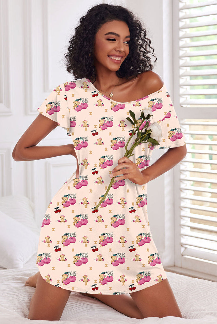 Women’s nightshirt dress in cream with pink teddy bear print, short sleeves