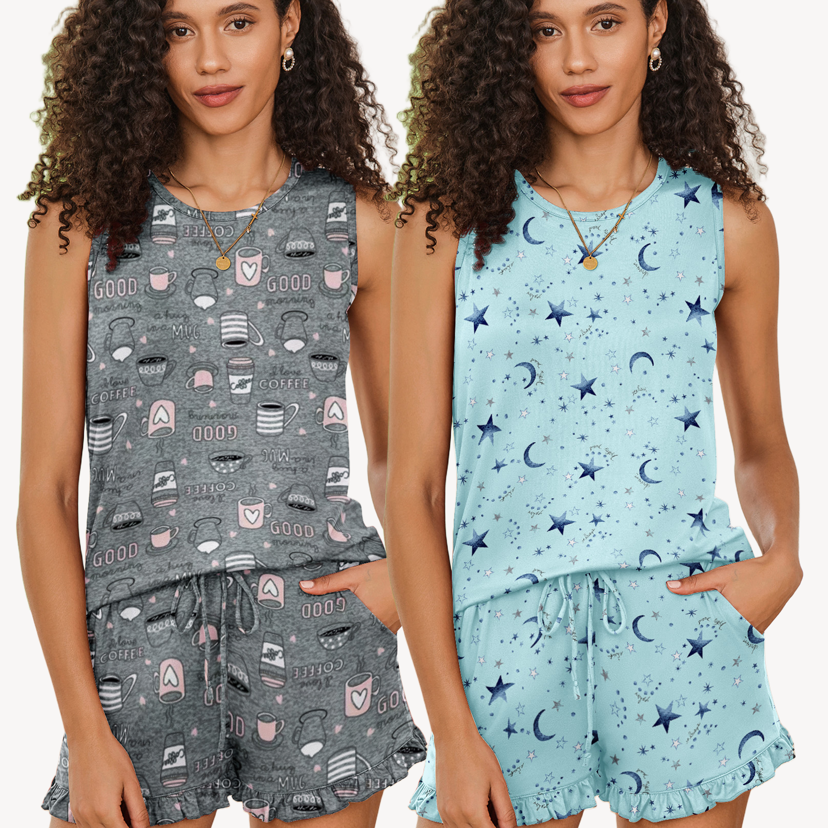 Sleeveless pajama sets: grey coffee print top and shorts, plus blue star and moon set