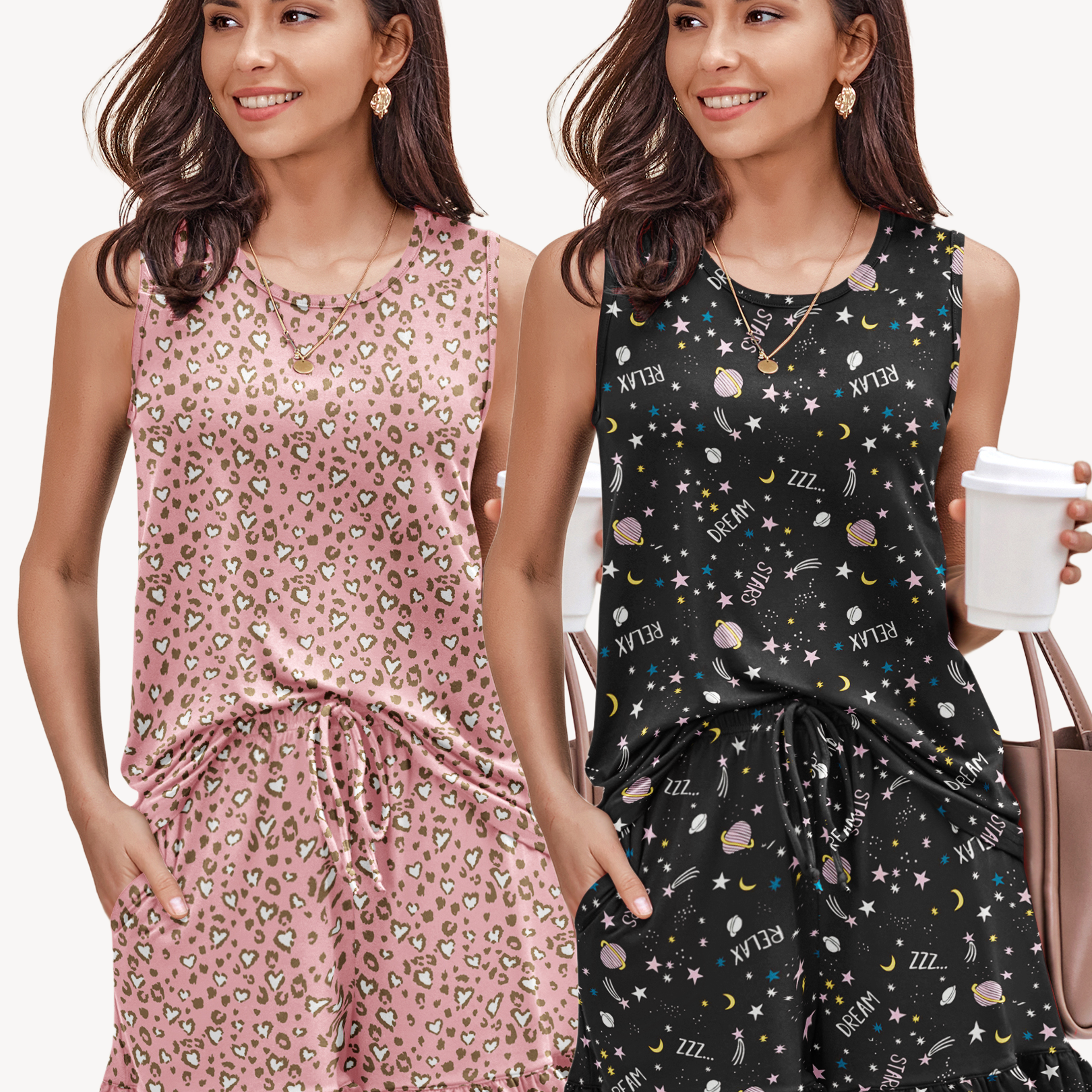 Sleeveless pajama sets: pink heart print top with matching ruffled shorts, plus black star print set