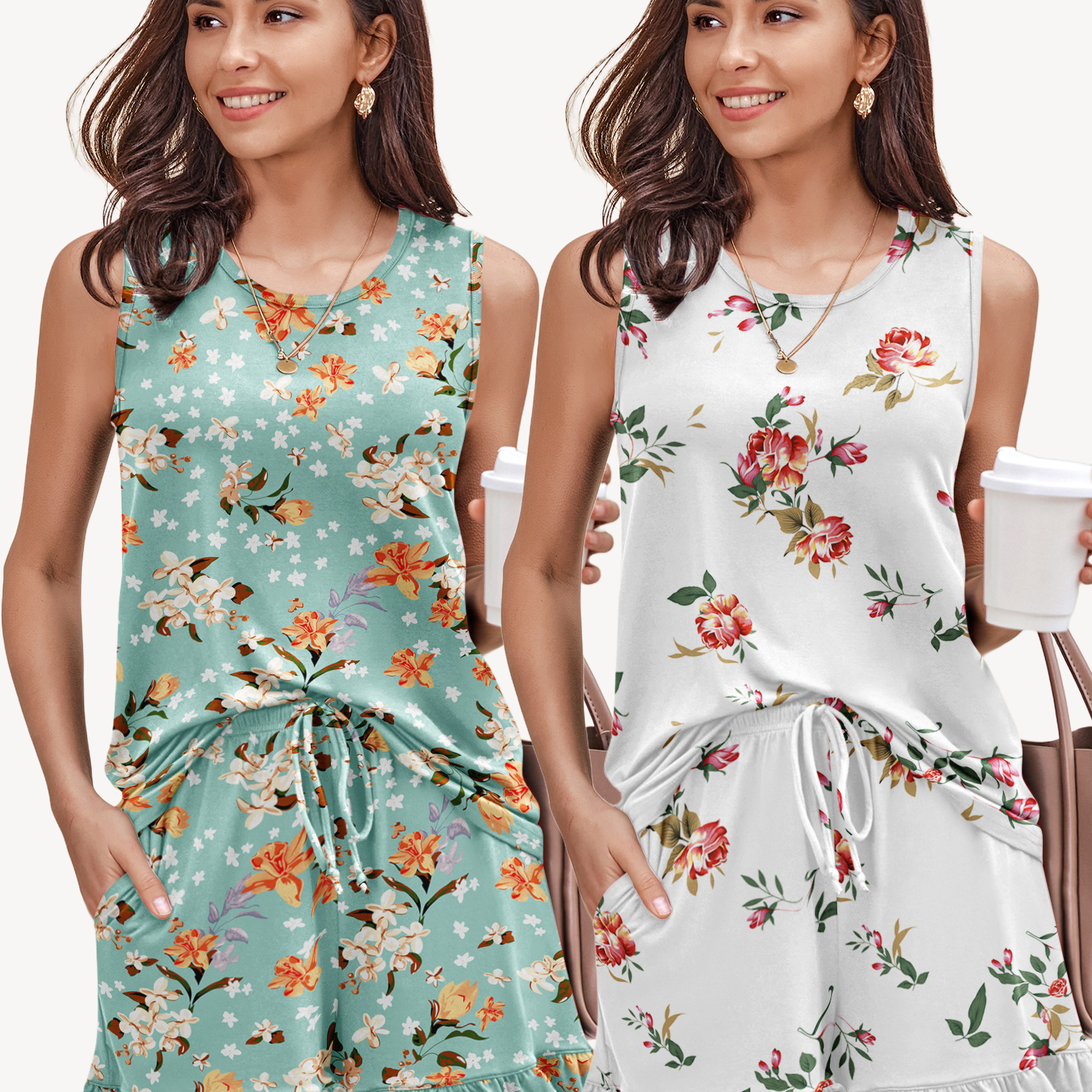 Two floral pajama sets: teal bird-print tank and white rose-print tank with ruffle hems