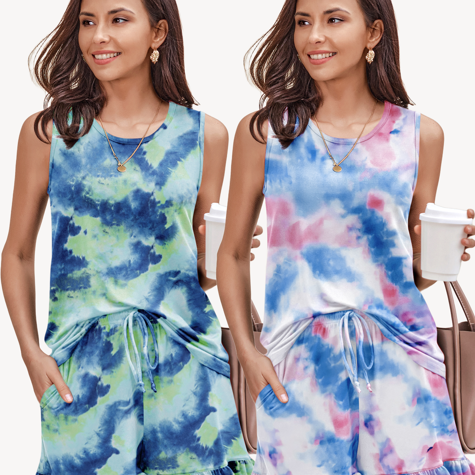 Two tie-dye pajama sets: blue-green swirl tank and blue-pink swirl tank with ruffle hem