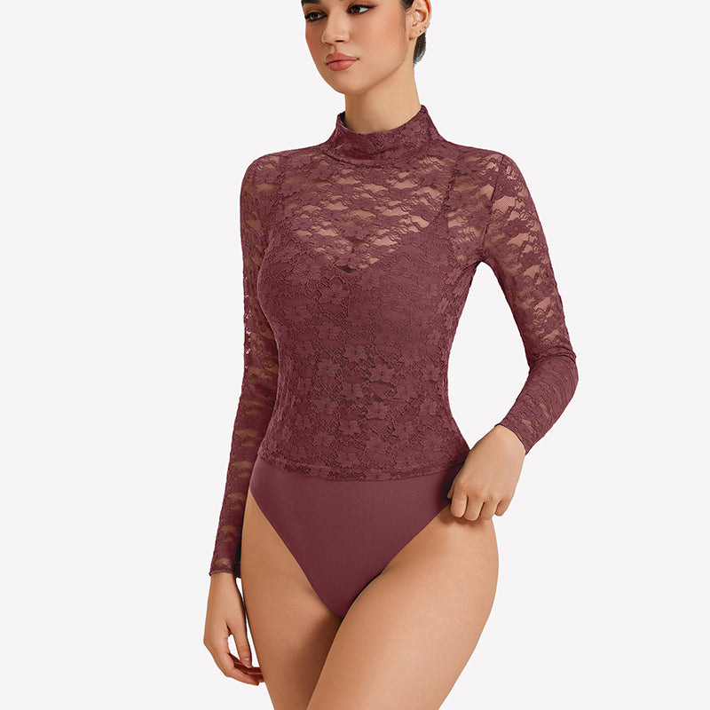 Long Sleeve Bodysuit Lace Tops Two Piece Set