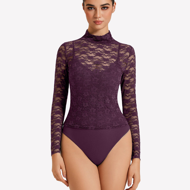 Long Sleeve Bodysuit Lace Tops Two Piece Set