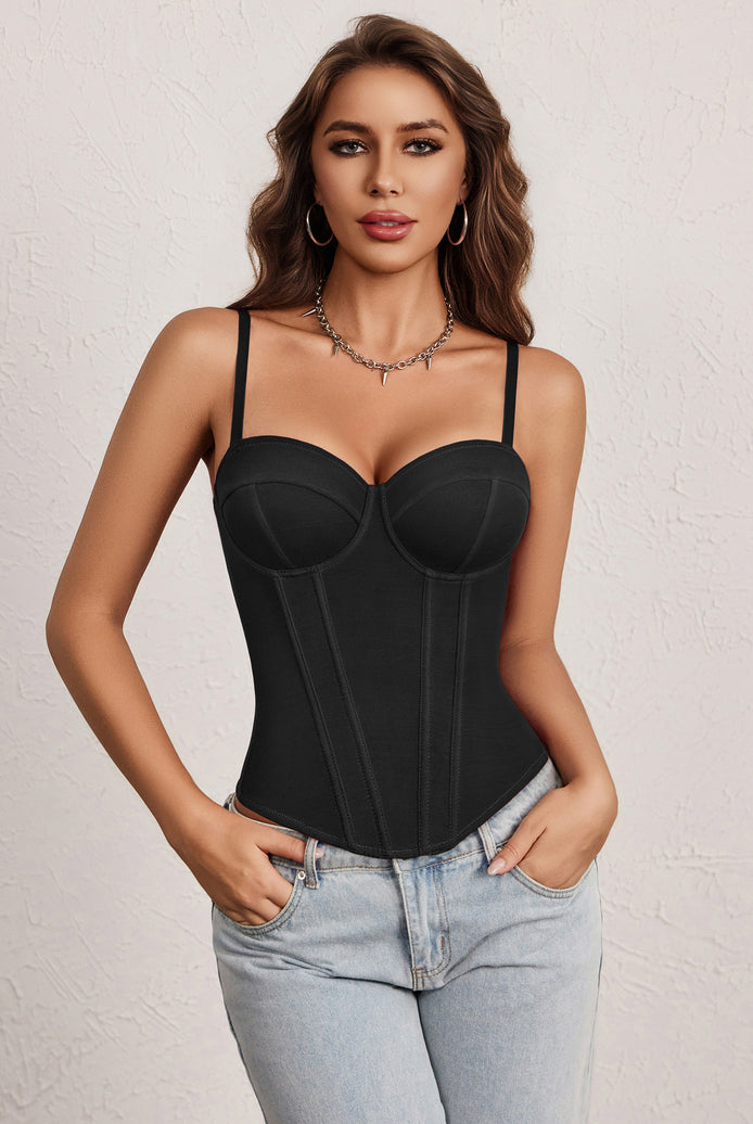 Black underwire sweetheart corset top with adjustable straps and boned fit