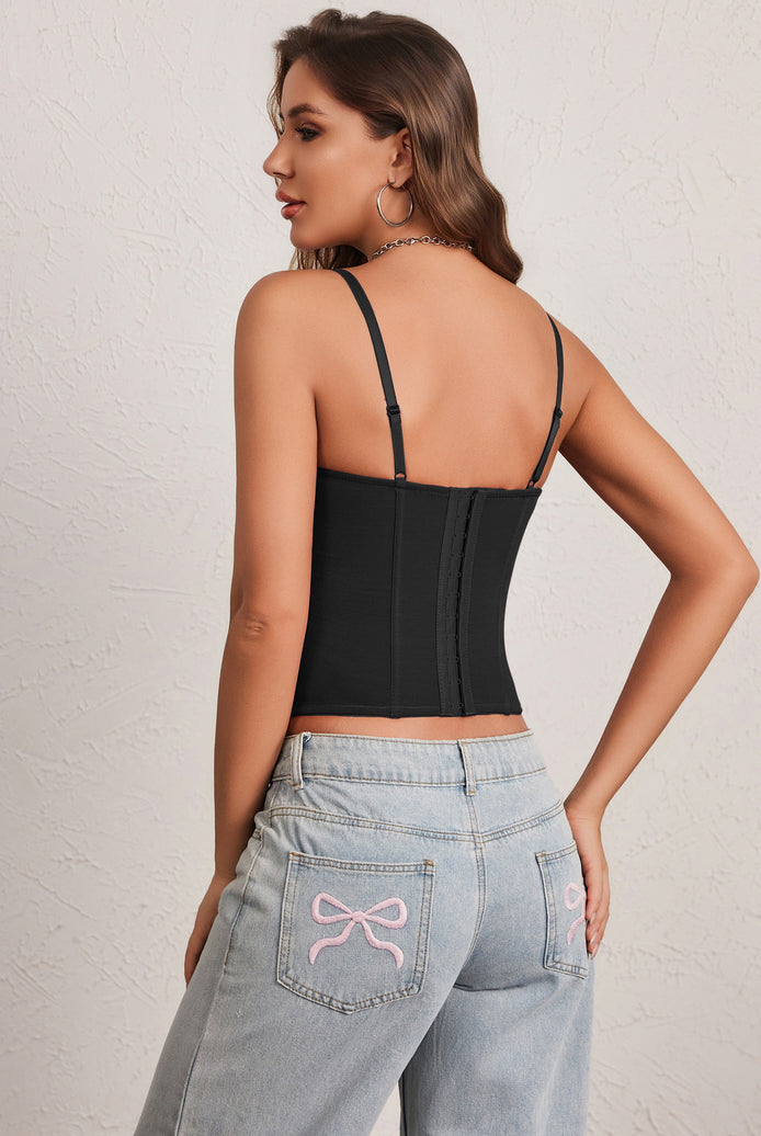 Black corset top with adjustable spaghetti straps, back view, boned waist