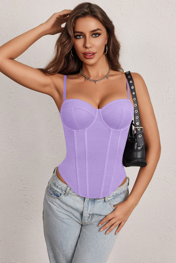 Purple underwire sweetheart corset top with adjustable straps and corset seams
