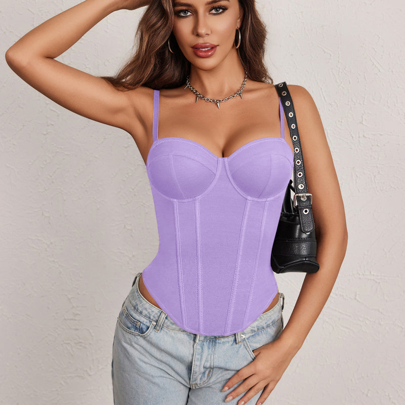 Purple underwire sweetheart corset top with adjustable straps and corset seams