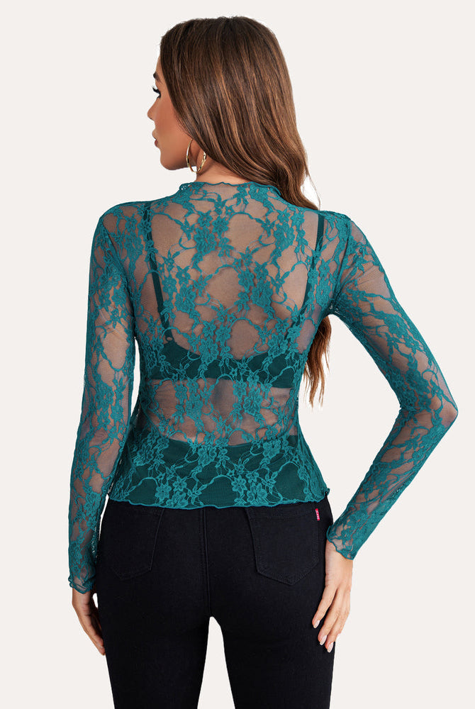 Teal lace mock neck sheer blouse, long sleeve, sexy see-through mesh top for women