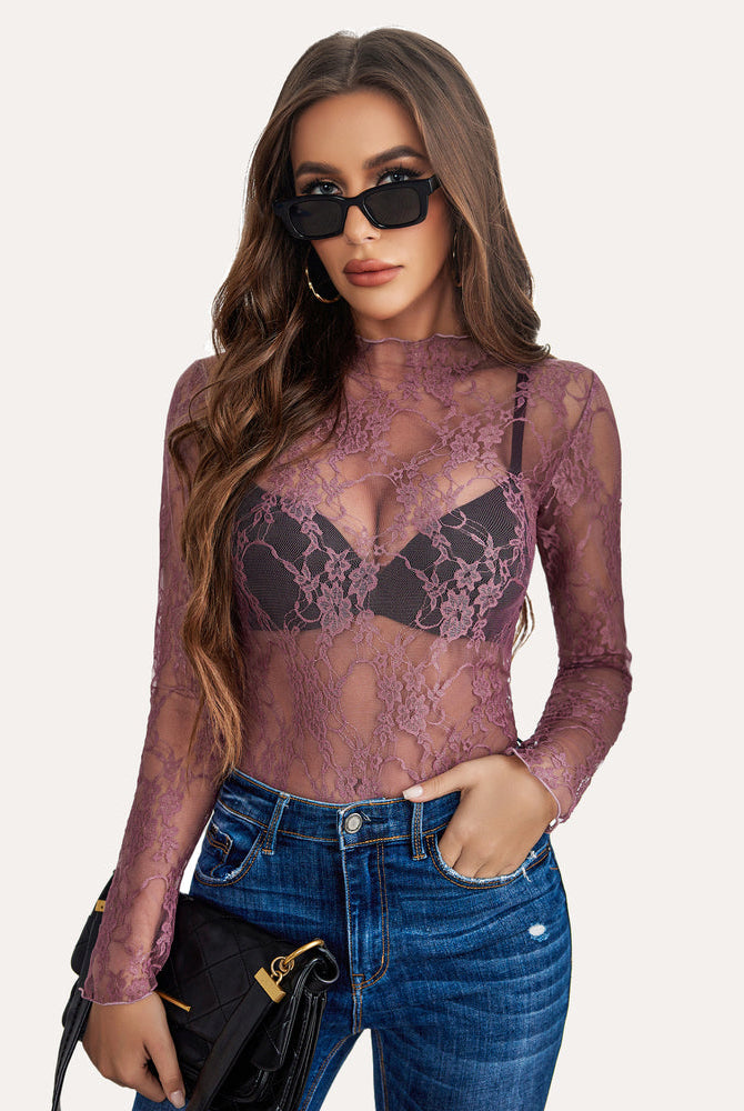 Mauve floral lace sheer blouse with mock neck and long sleeves, stylish look for women
