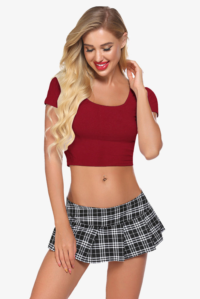 Schoolgirl style: Plaid mini skirt and burgundy crop top. Ideal for costume role-play.