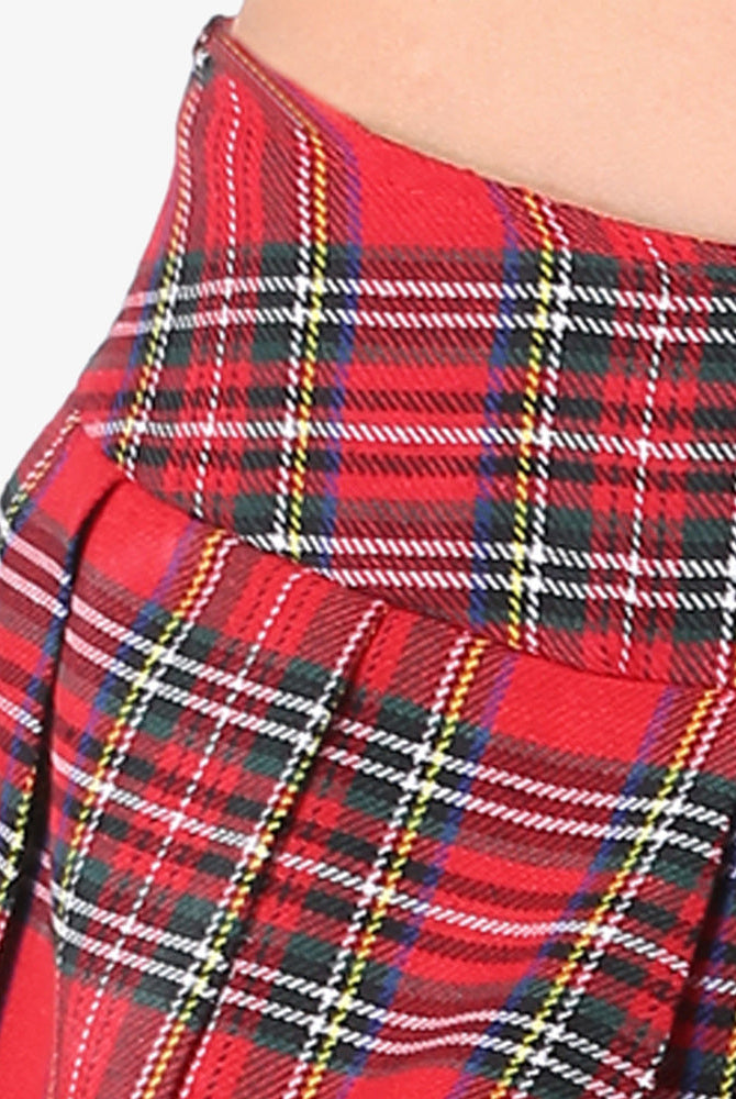 Plaid pleated mini skirt in red. Schoolgirl costume, wide waistband, for sexy outfits and role-play.