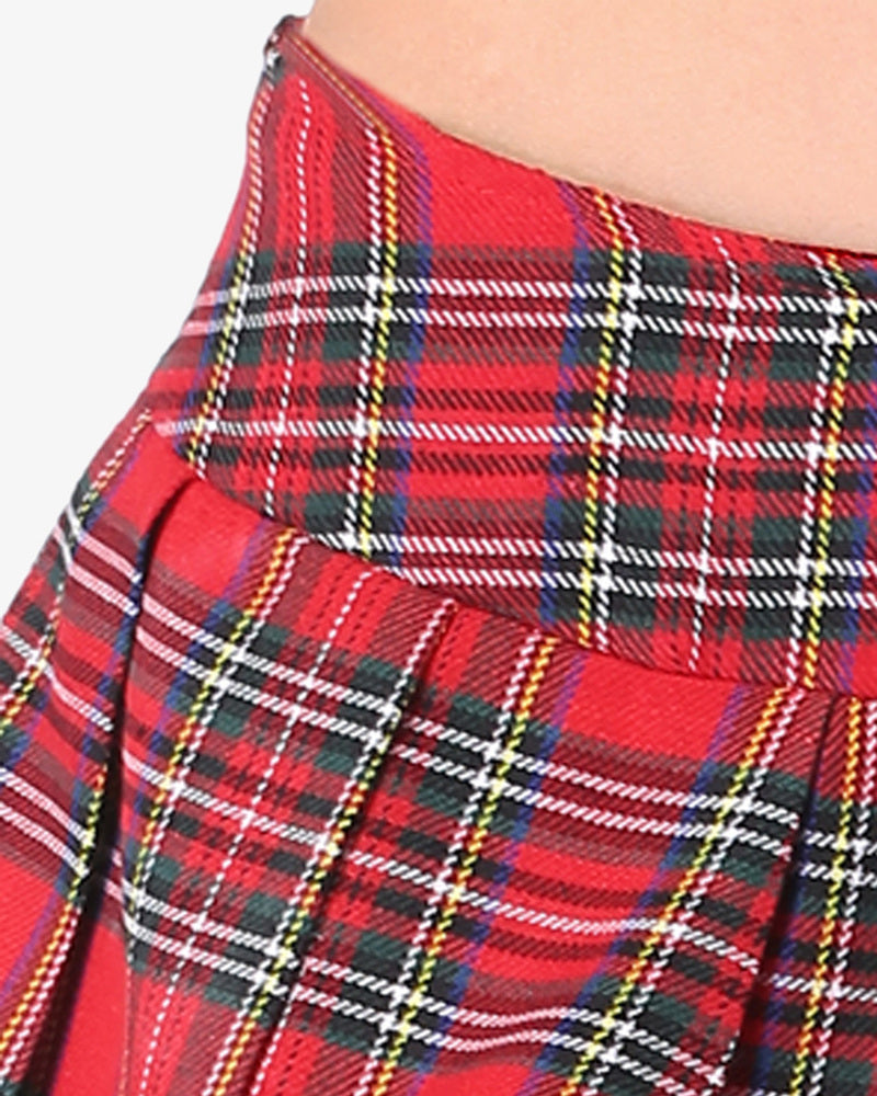 Plaid pleated mini skirt in red. Schoolgirl costume, wide waistband, for sexy outfits and role-play.