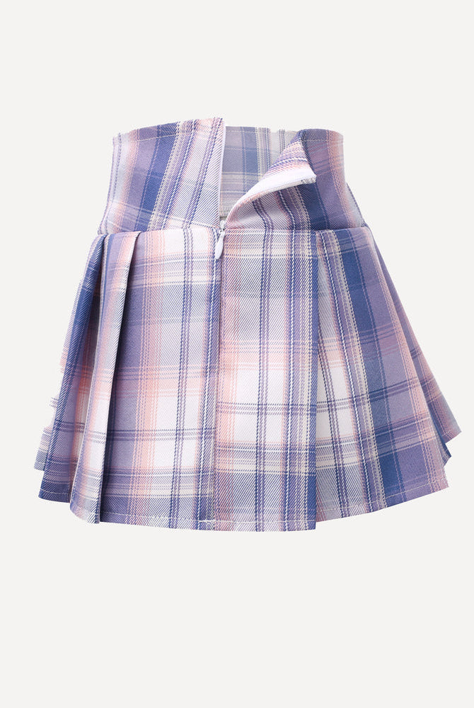 Pink and blue plaid pleated mini skirt, schoolgirl costume style, wide waistband, costume role-play