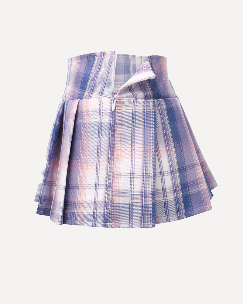 Pink and blue plaid pleated mini skirt, schoolgirl costume style, wide waistband, costume role-play