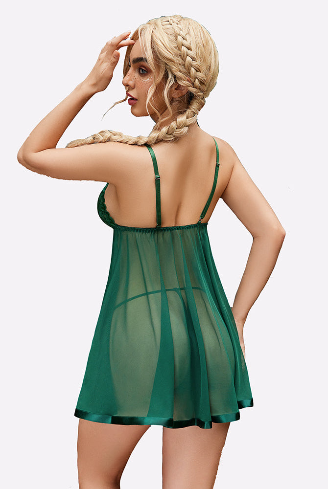 Green lace babydoll sleepwear with adjustable straps and sheer mesh, a romantic gift for her.