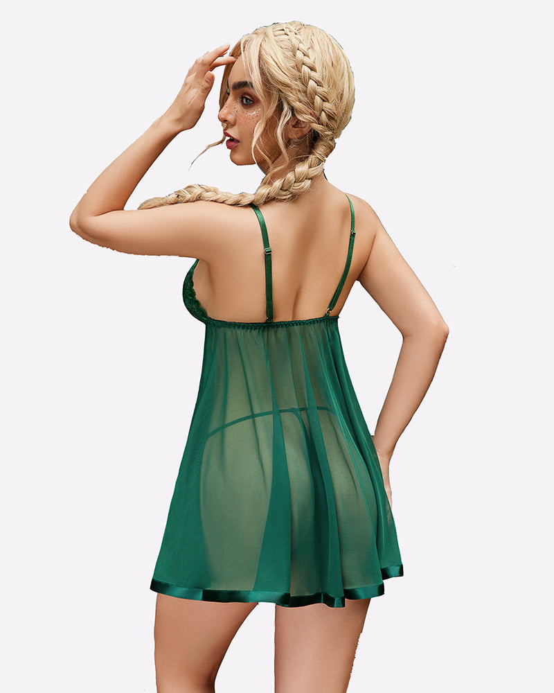 Green lace babydoll sleepwear with adjustable straps and sheer mesh, a romantic gift for her.