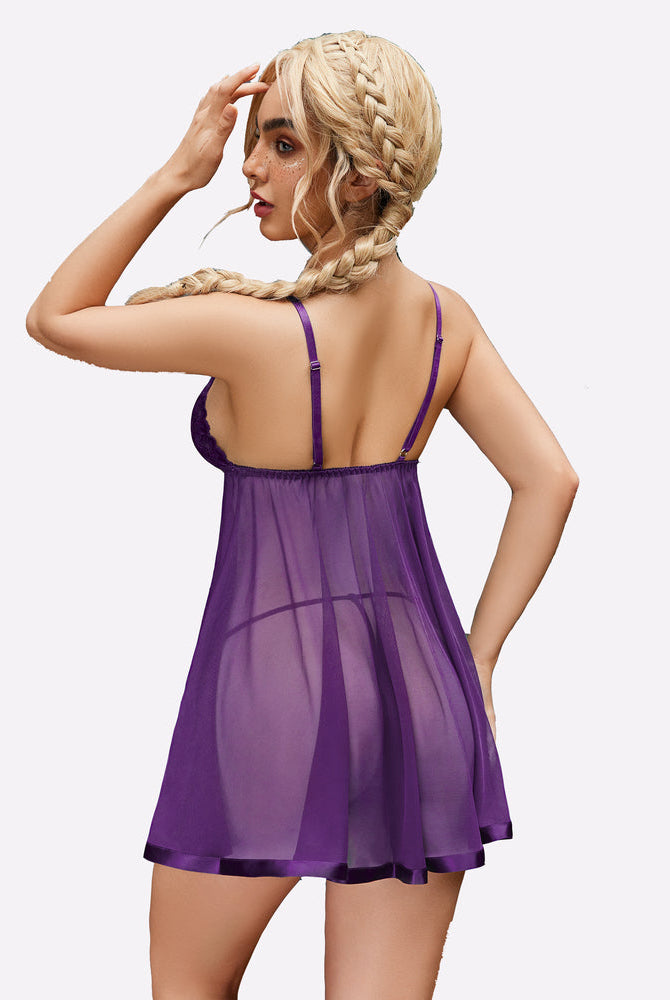 Purple mesh babydoll lingerie set, romantic gift for women, satin trim and adjustable straps