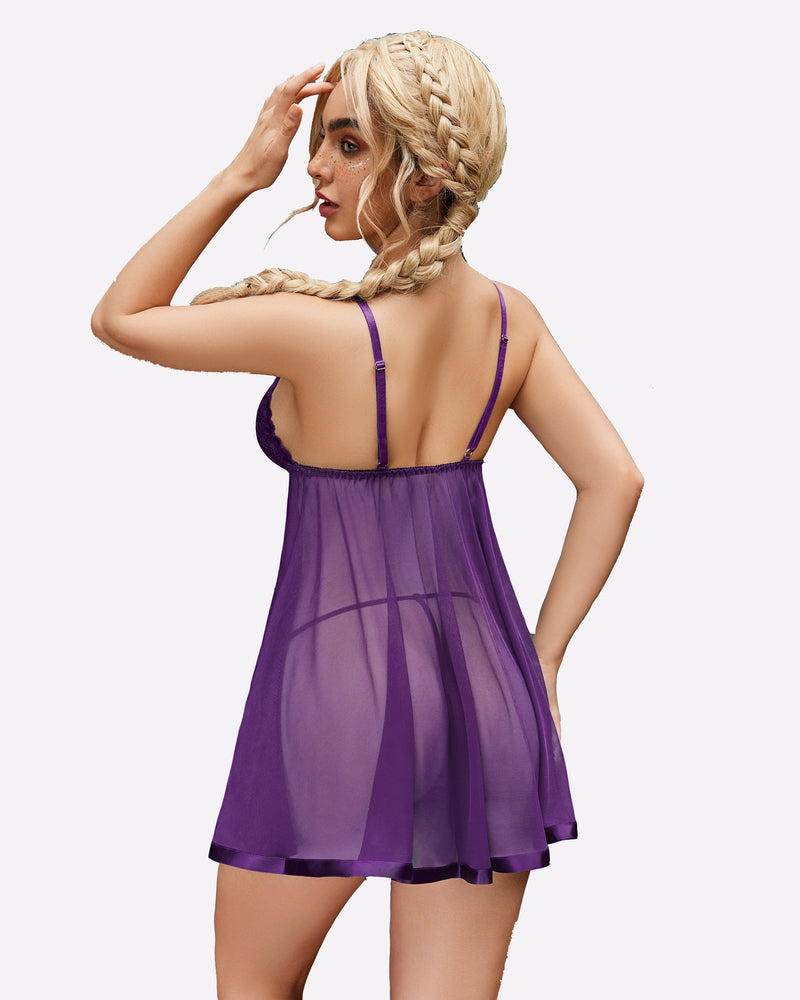 Purple fairy babydoll sleepwear with adjustable straps, sheer mesh and satin trim, a romantic gift