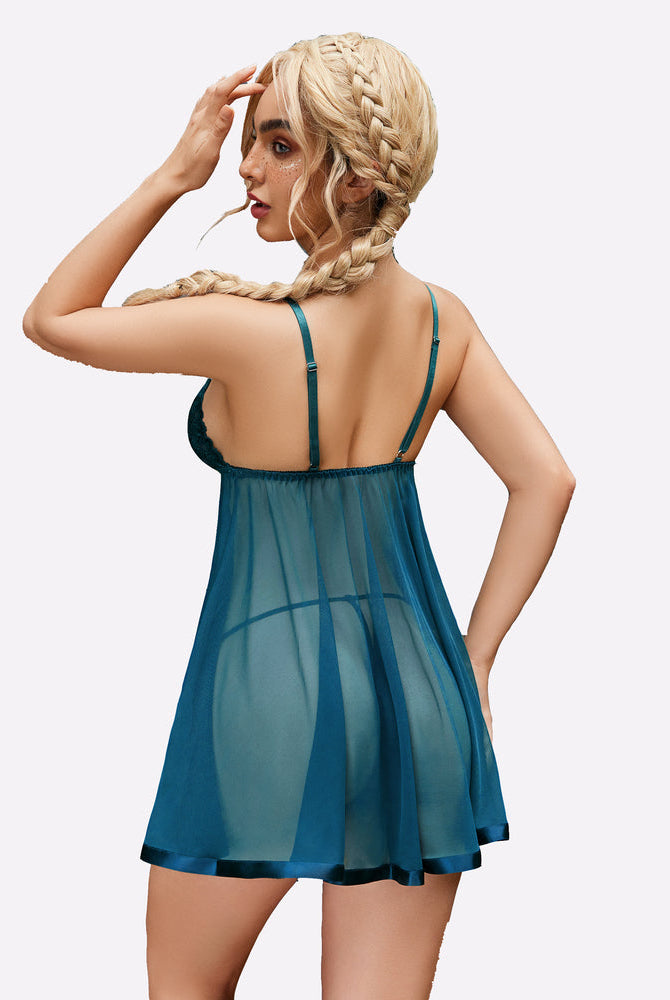 Teal floral lace babydoll lingerie set with mesh skirt and satin trim. Romantic gift for women