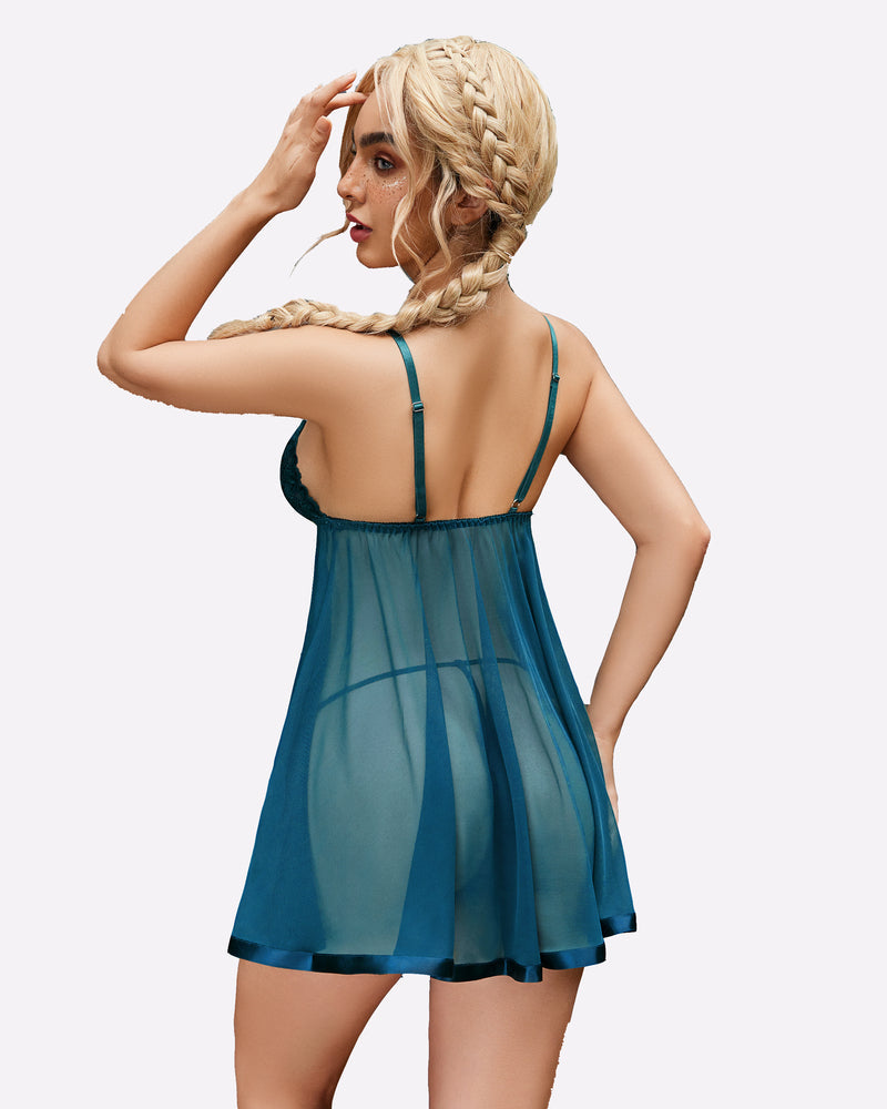 Teal lace babydoll sleepwear with adjustable straps and sheer mesh, a romantic gift for her.