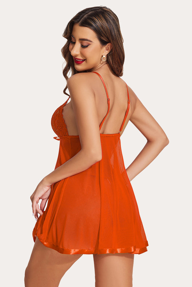 Orange floral lace babydoll lingerie set with mesh skirt and satin trim, romantic gift for women