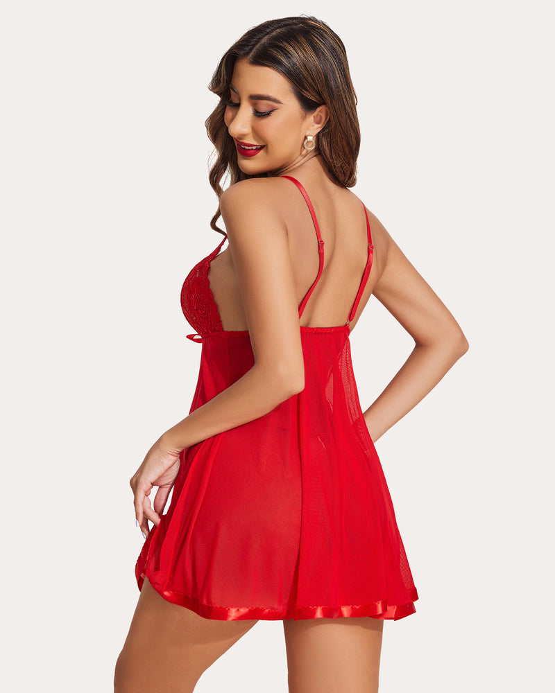 Red fairy lace babydoll sleepwear with mesh, satin trim, adjustable straps, romantic gift for her