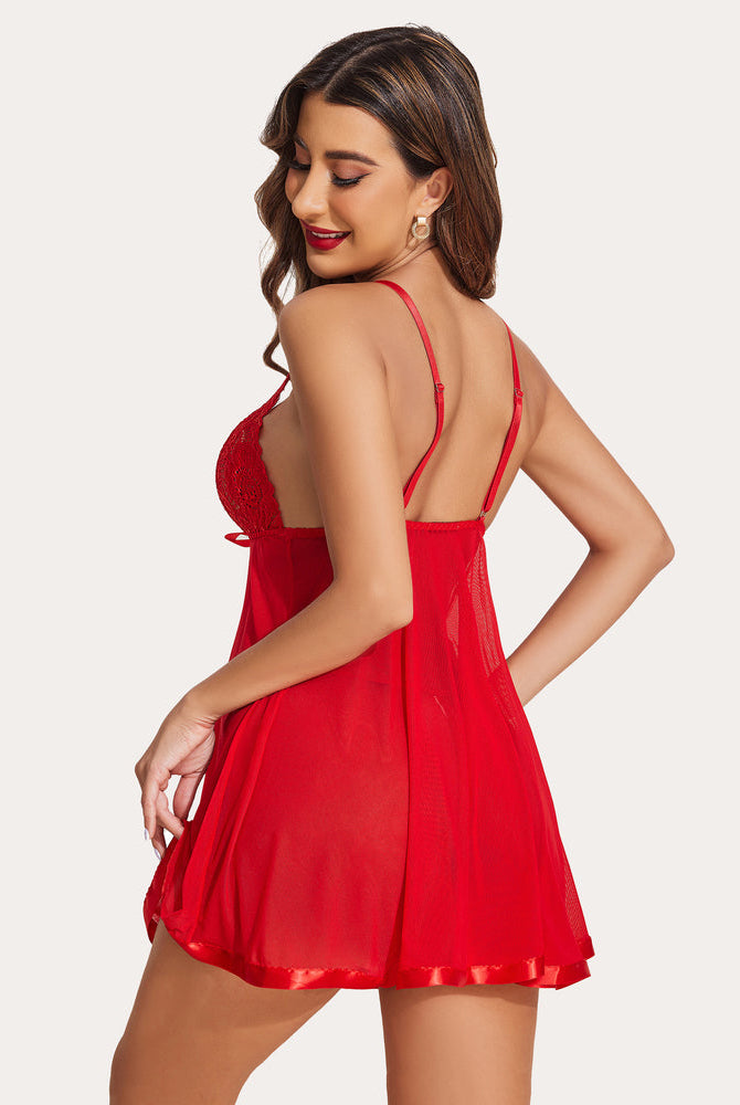 Red lace mesh babydoll with adjustable straps and satin hem, perfect romantic gift for women.