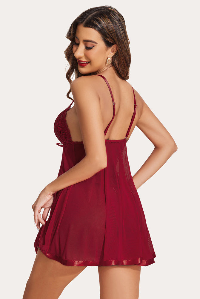 Burgundy lace babydoll dress, adjustable straps, and mesh skirt, a romantic lingerie gift