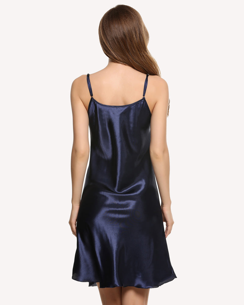 Navy blue satin slip sleepwear dress with adjustable straps, a comfortable and sexy nightwear