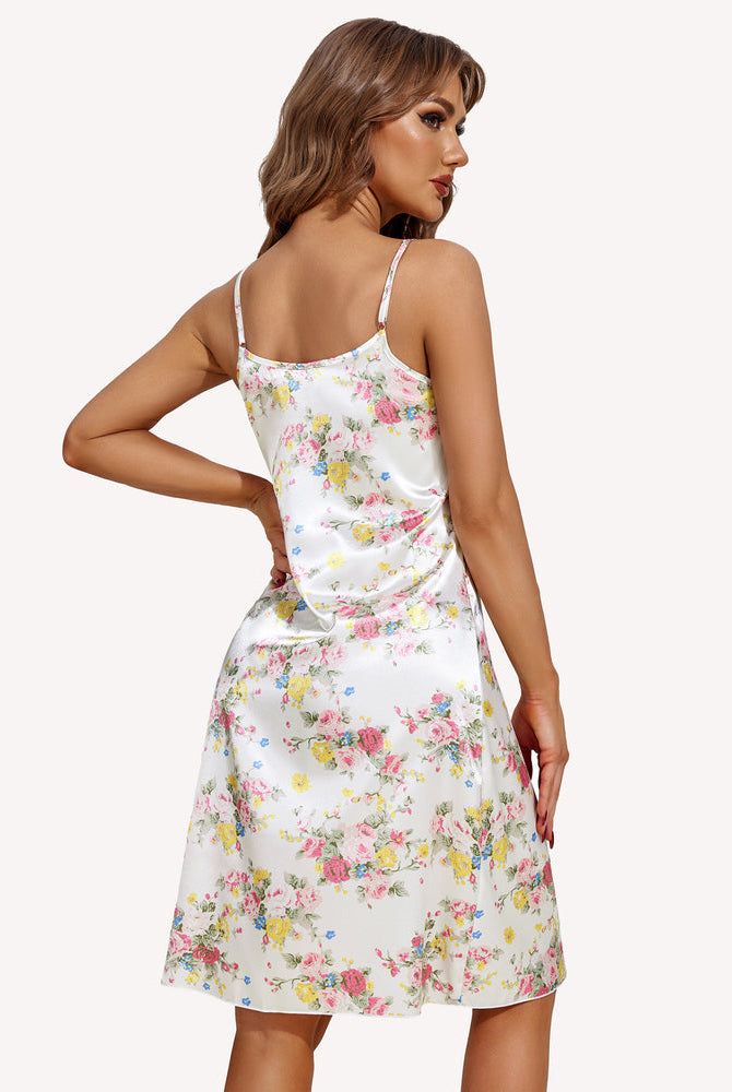 White floral satin slip sleepwear dress with adjustable straps, comfortable Avidlove nightwear.