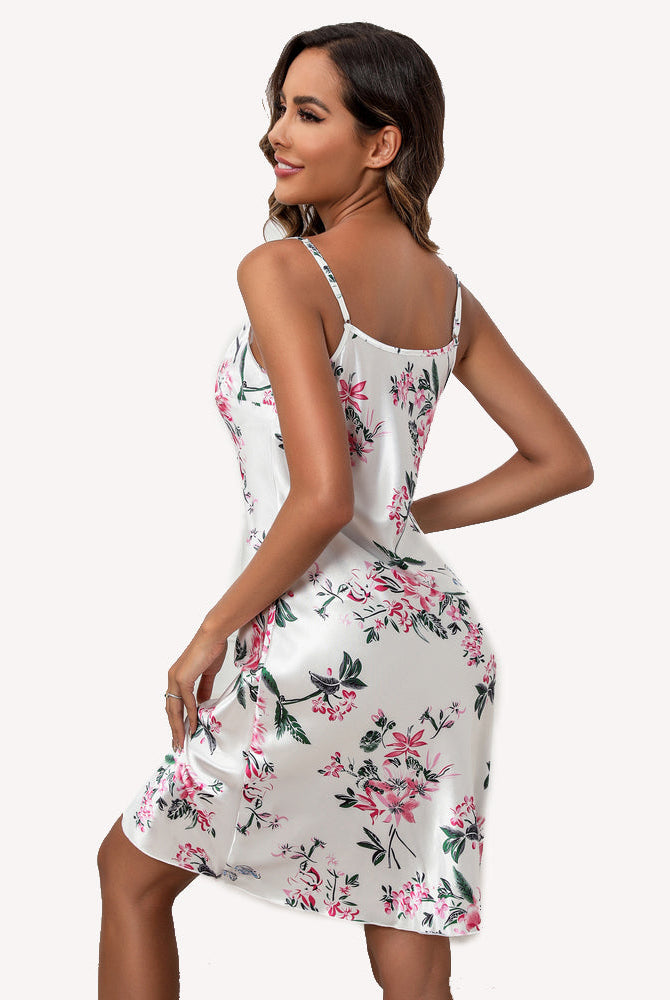 White floral satin slip dress for women, adjustable straps, comfortable sleepwear