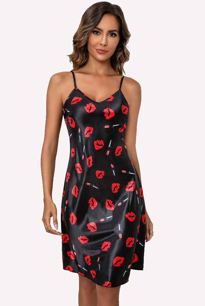 Black satin lip print slip dress, adjustable straps; comfortable Avidlove sleepwear.