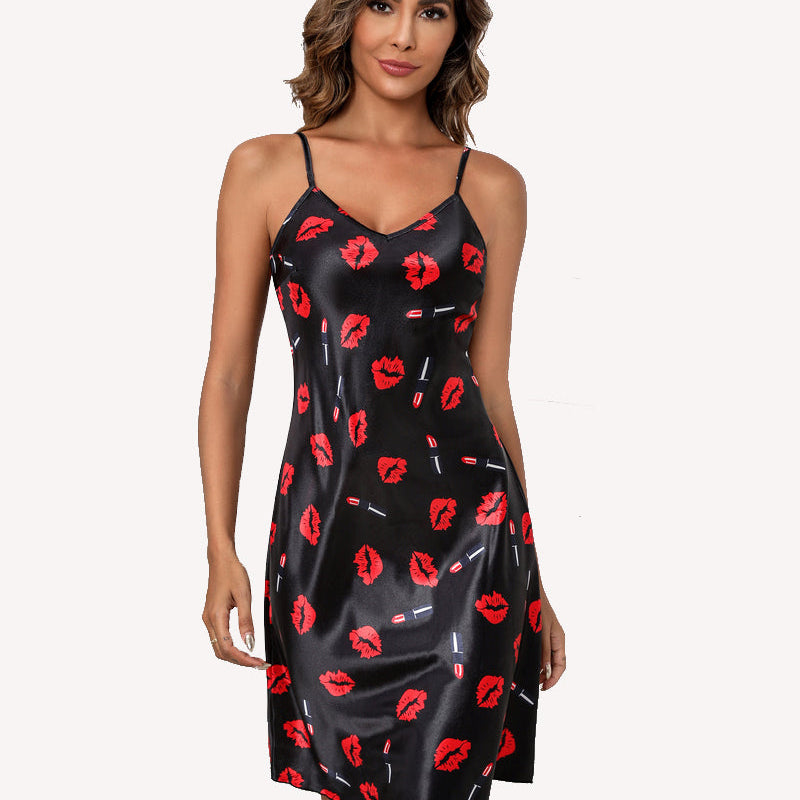 Black satin lip print slip dress, adjustable straps; comfortable Avidlove sleepwear.