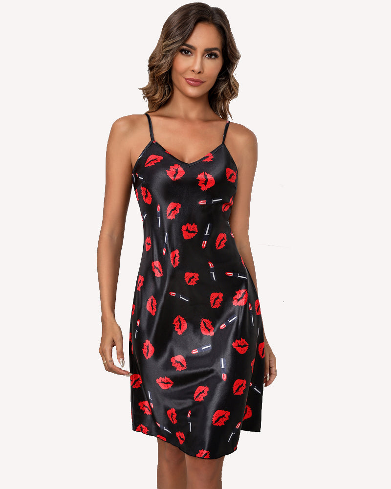 Black satin lip print slip dress, adjustable straps; comfortable Avidlove sleepwear.